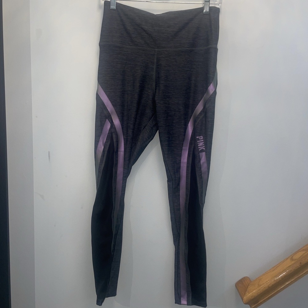 PINK Victoria's Secret Ultimate Leggings Charcoal Purple Stripe Athletic Sz M